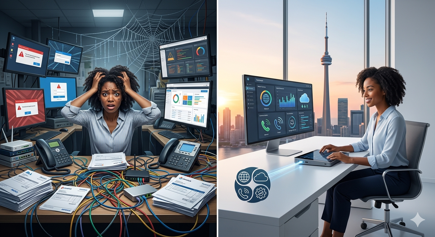 A side-by-side comparison of a cluttered, stressful office workspace with tangled cables and multiple error screens (The Vendor Sprawl Trap) versus a clean, modern Toronto office with a single unified dashboard, a view of the CN Tower, and a productive employee (The One-Stop-Shop Solution).