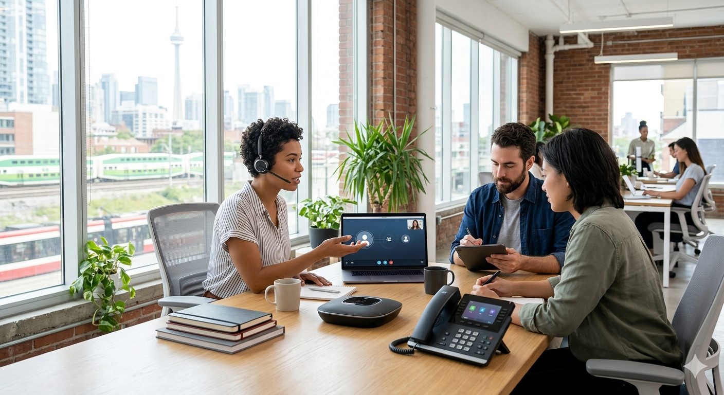 A diverse team of professionals in a bright, modern Toronto loft office collaborating around a wooden table. One person wears a high-tech headset while a laptop displays a cloud-based communication interface, with the Toronto city skyline and CN Tower visible through large windows.