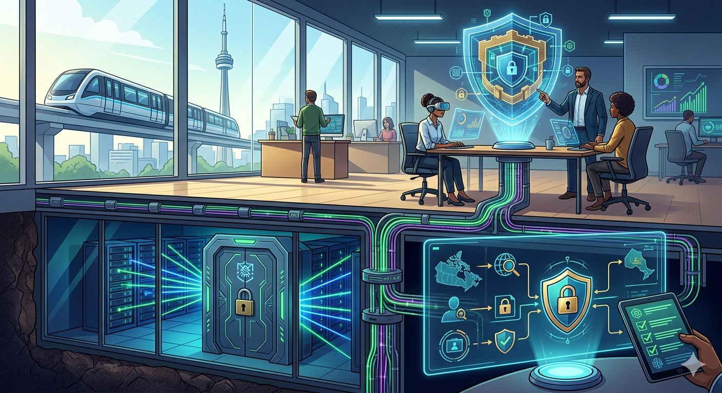 A conceptual digital illustration of a secure Toronto business environment in 2026. Above, employees work in a glass-walled office with a GO Train passing by; below, a cross-section shows a high-security data vault and glowing fiber-optic cables, protected by a holographic shield and a digital compliance checklist for Ontario's Bill 194.